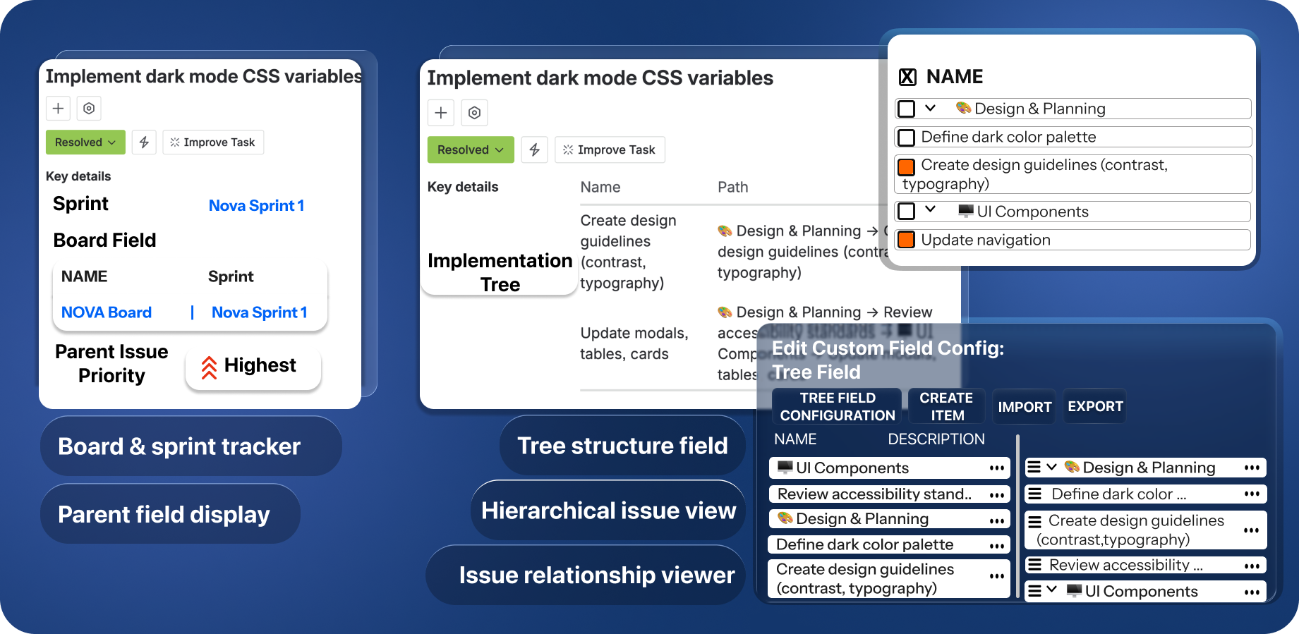​Deliver important information right on the issue page. You can select between 5 different message types; Information, Success, Error, Danger, Warning.