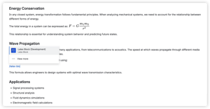 Insert a block formula using the /latex blo shortcut. The page already shows an inline formula rendered in the Energy Conservation section, demonstrating both formula types working together.
