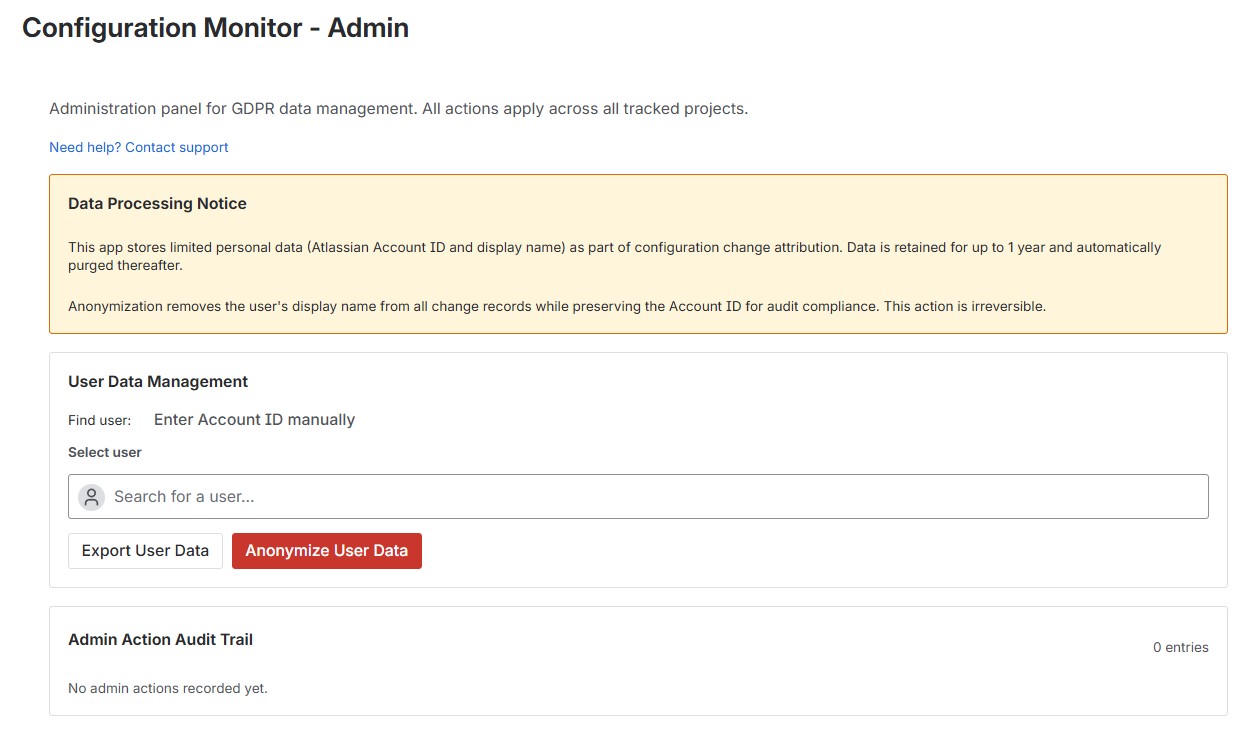Admin panel with GDPR user data export, anonymization controls, and admin action audit trail