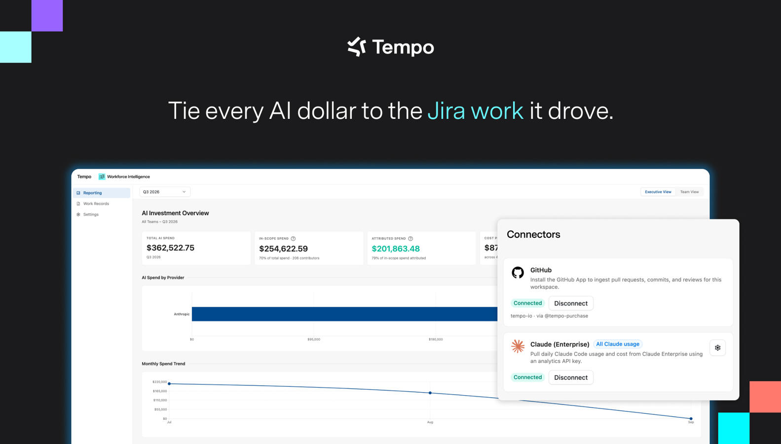 Your GitHub, Claude and OpenAI activity matched to Jira work items automatically. Once connected, spend, adoption, and contributor data flow into Workforce Intelligence. No workflow changes needed.