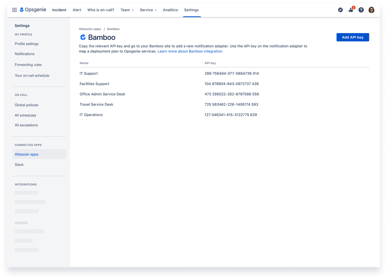 Manage your Bamboo API keys under the Bamboo settings page under Atlassian Apps of your global settings.
