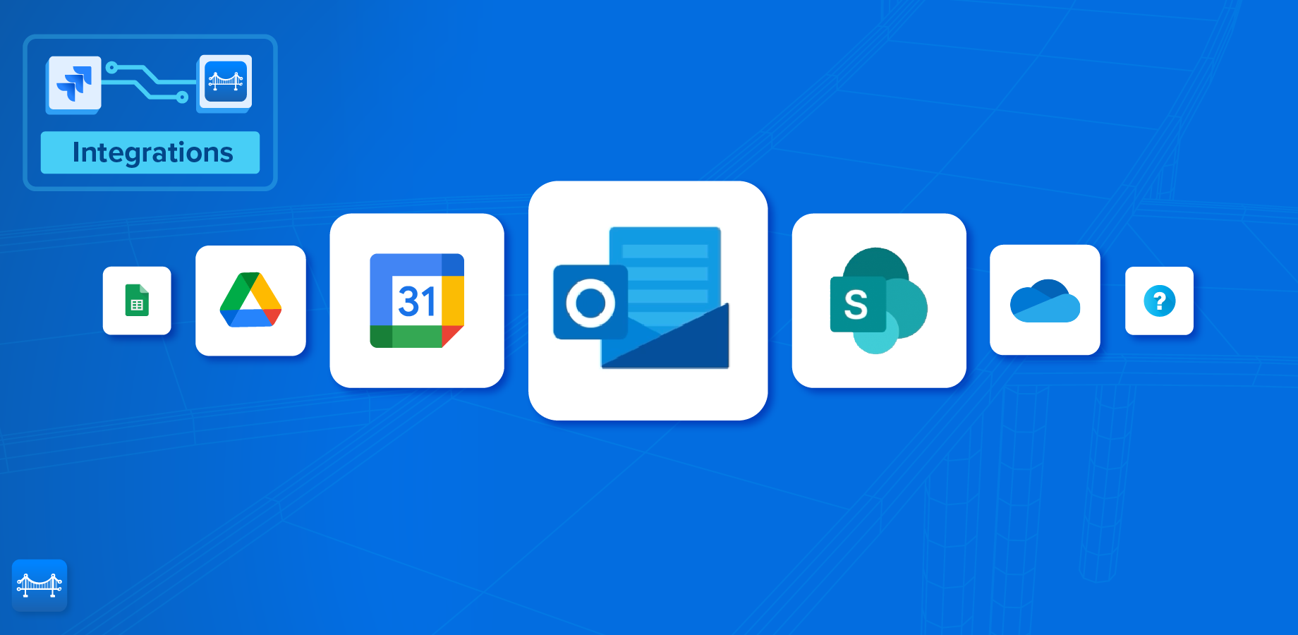 An image showcasing various integrations available in Connectors for Jira, including Google Sheets, Google Drive, Google Calendar, Outlook, SharePoint, OneDrive.