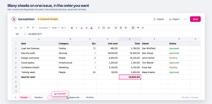 A Q4 budget sheet with =SUM totalling 58,650.00, and five tabs along the bottom Budget, Vendors, Approvals, Archive with a new Q4 forecast tab being dragged into position.