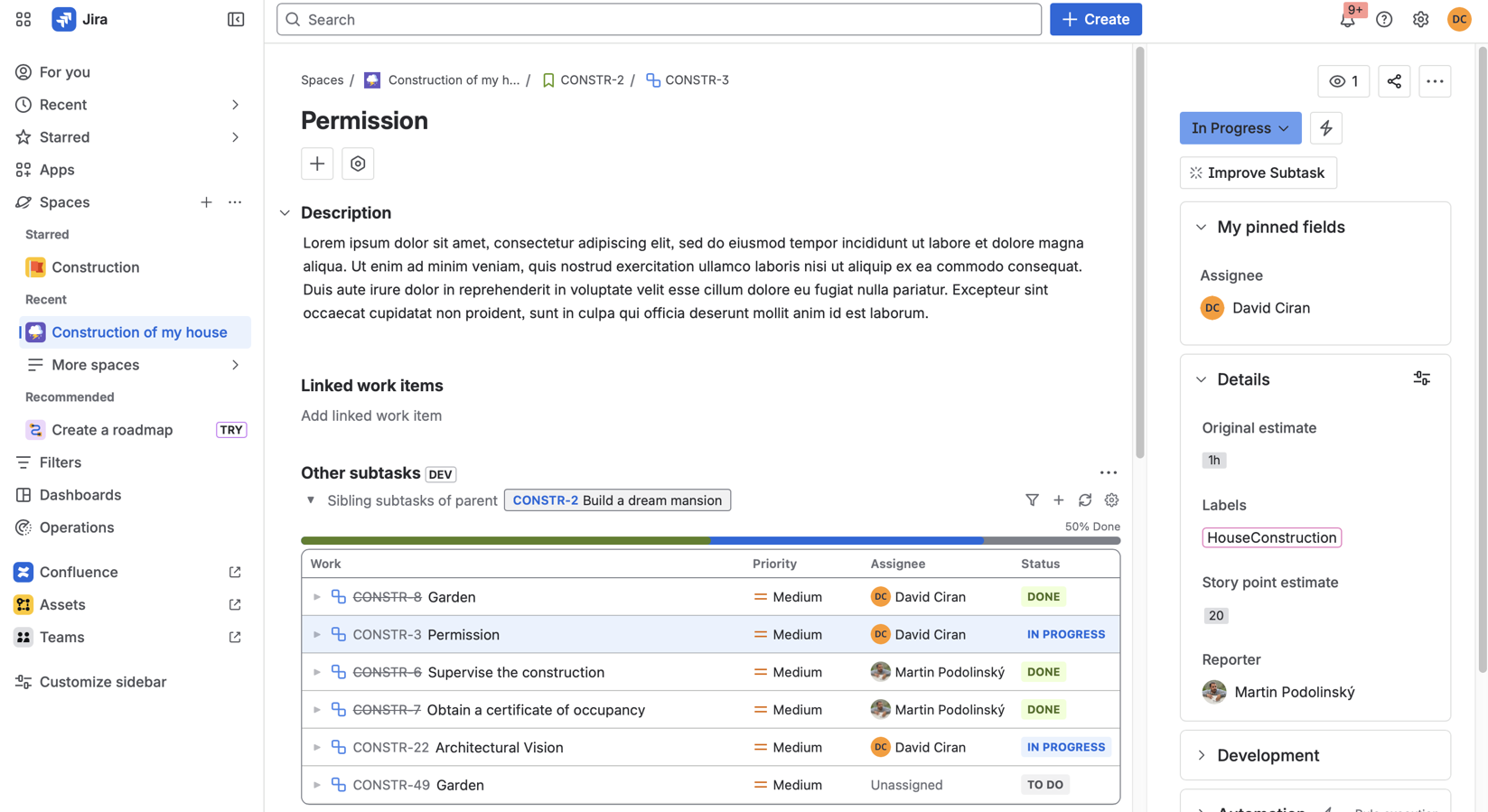 The panel Other subtasks displays all four subtasks of the common parent issue CONSTRUCT-9.