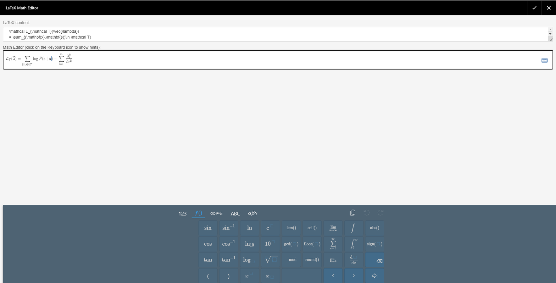 Sophisticated LaTeX Math editor