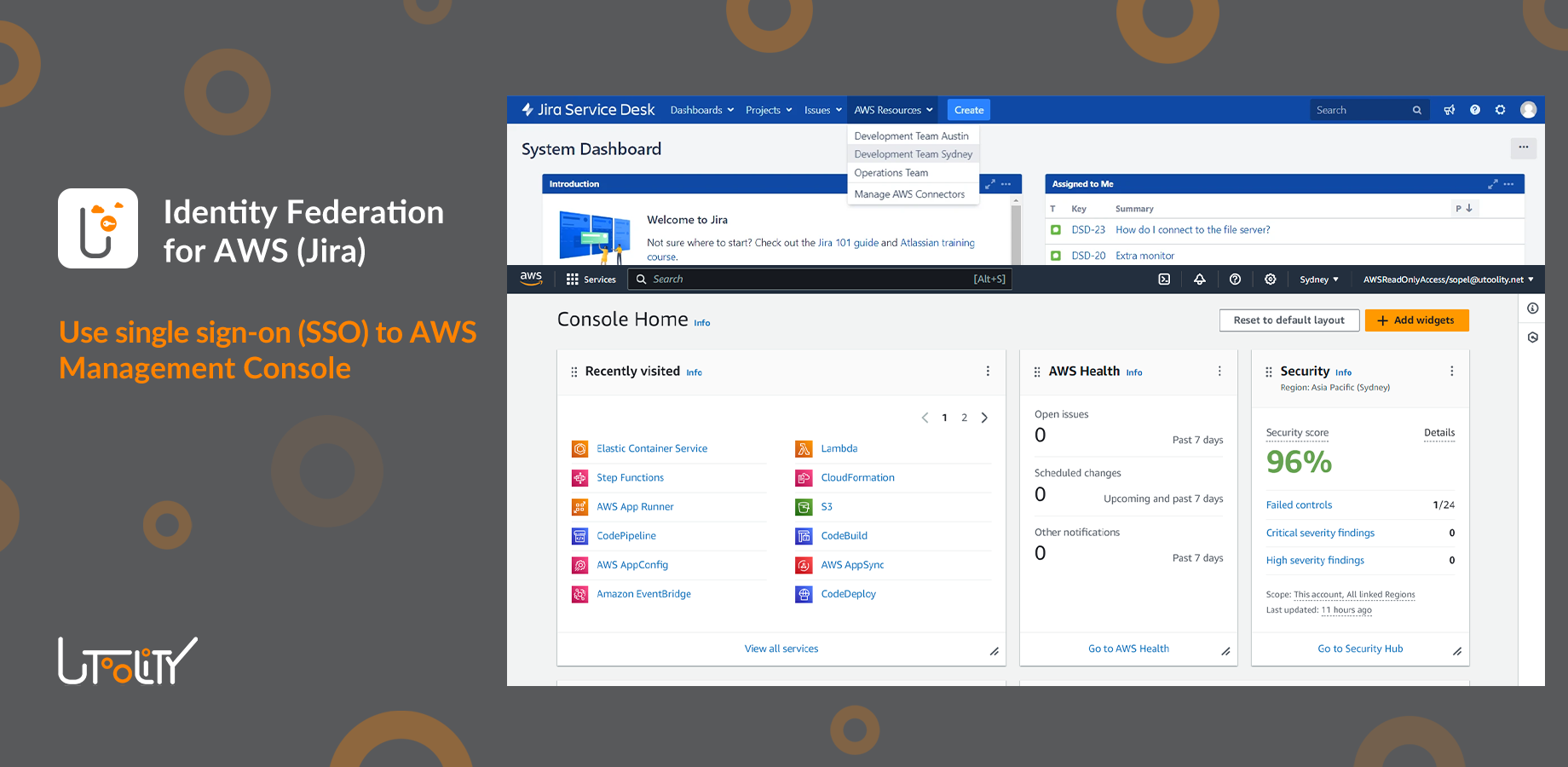 Direct SSO links to the AWS Management Console, directly from a top level pull down menu, or via the 'AWS Resources' link, which also supports deep links to AWS resources.