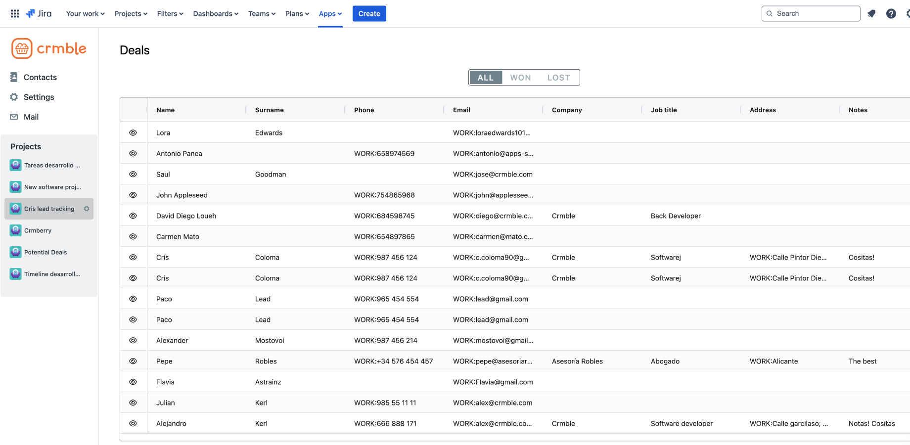 Access your Email inbox, manage your contact database and check your deals by project all from Crmble for Jira App main menu.