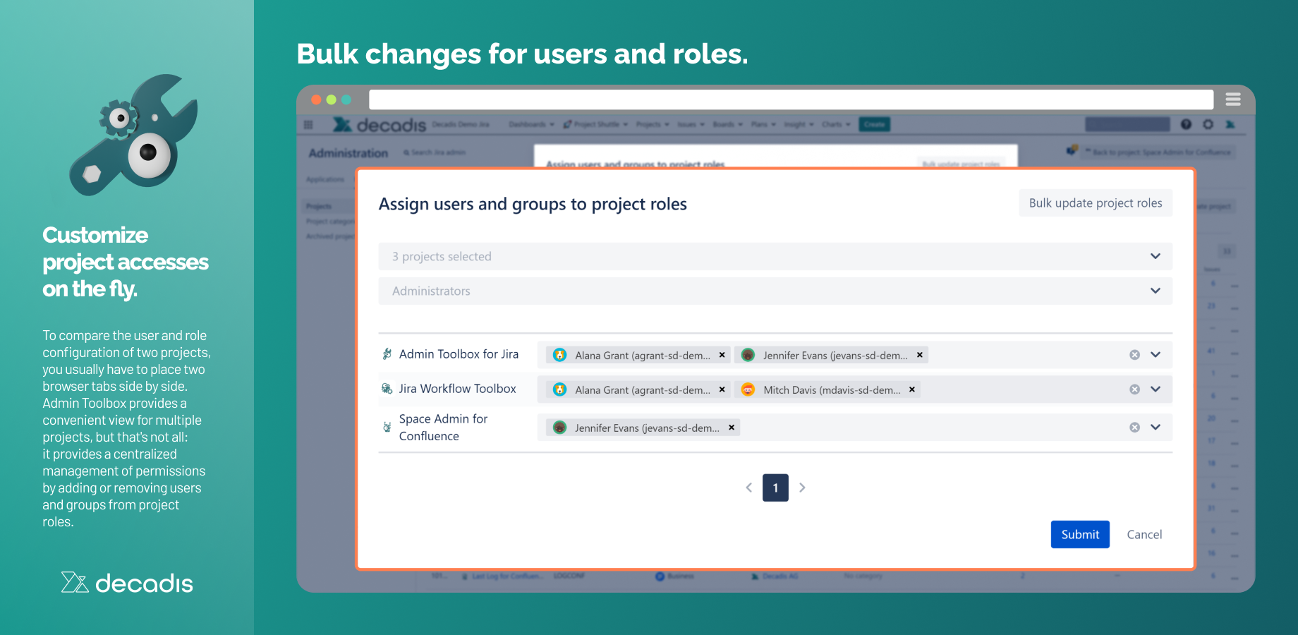 Keeping projects in sync can be tedious and time-consuming. Update or consolidate components, versions or users and roles across multiple projects with just a few clicks.