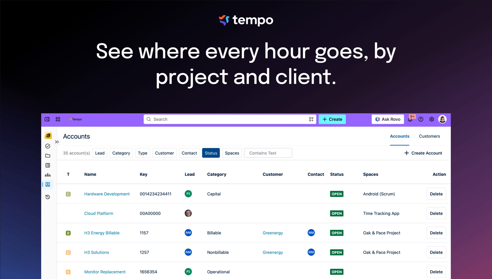 Every hour your team logs carries the context finance needs. No month-end scramble. No re-export. Tempo Accounts classify automatically so you see real project cost, without asking anyone.