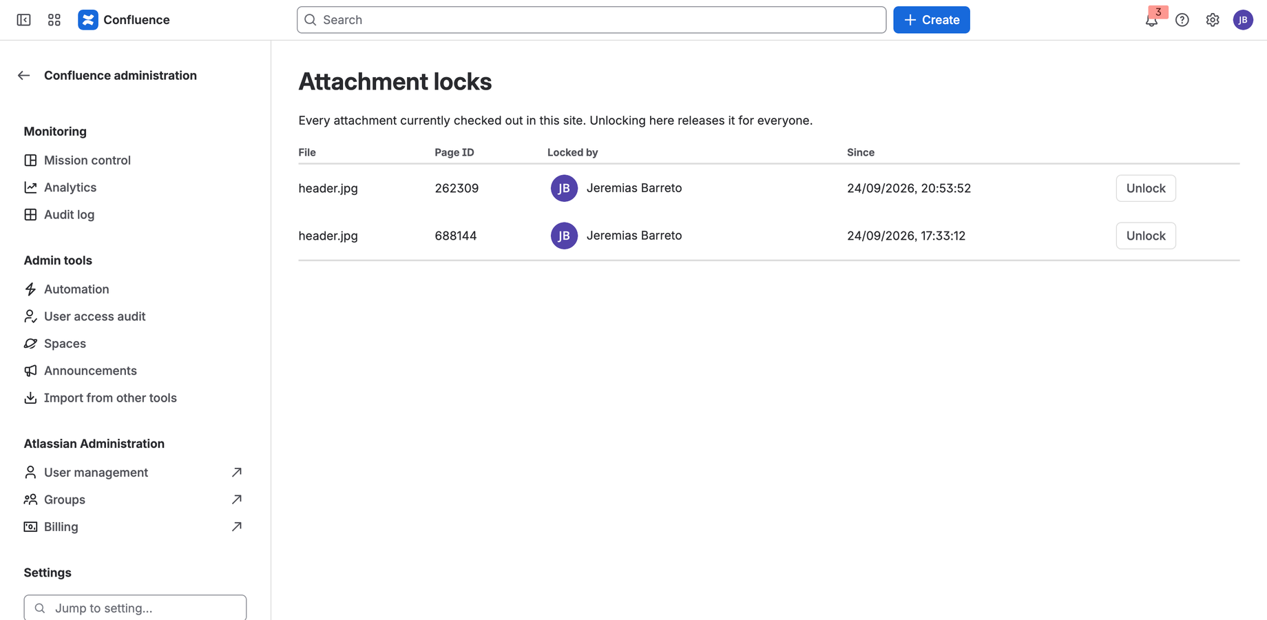 The admin page lists every lock in the site with the file, owner and date, and lets admins unlock it.