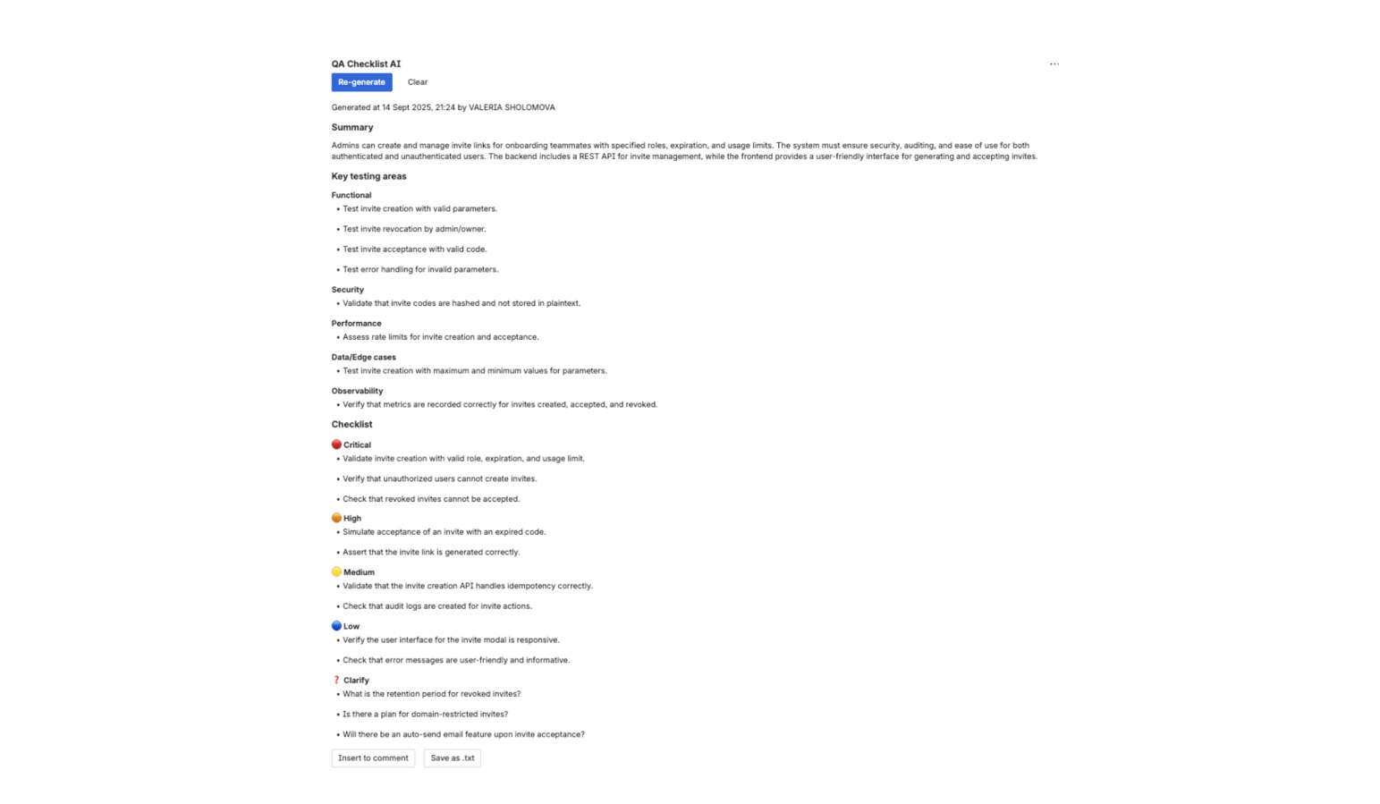 Summaries, key test areas, prioritized checklist