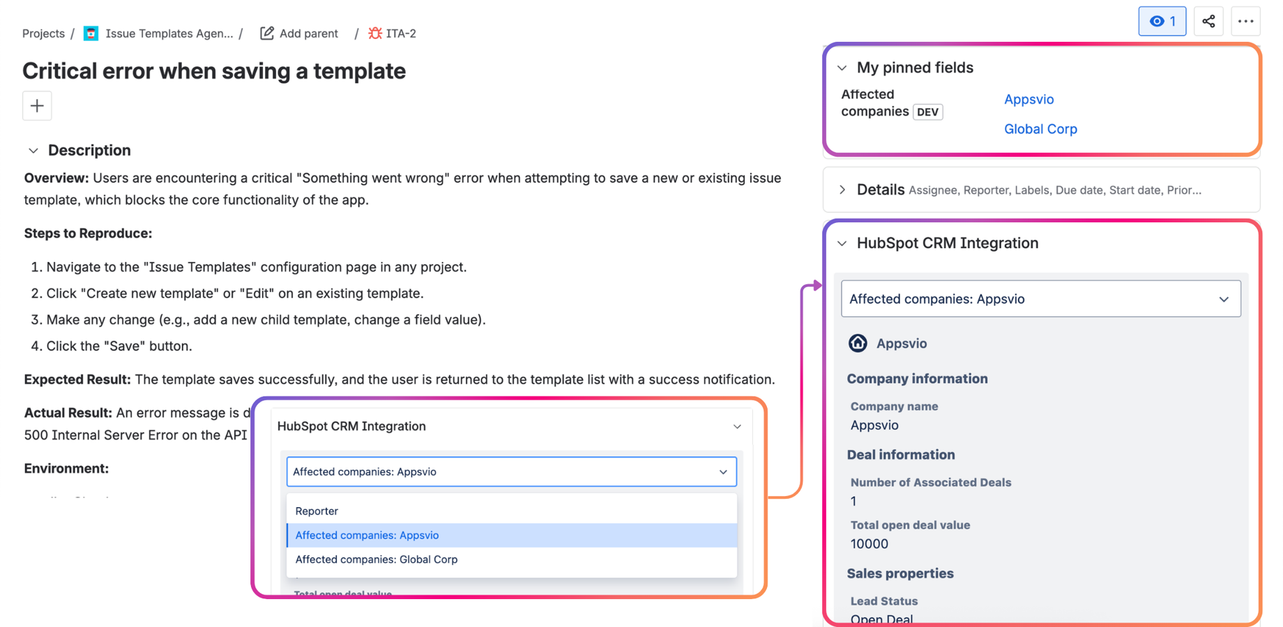 See critical HubSpot CRM data along Jira work items with custom fields and HubSpot Panel - let your software teams understand the business impact and prioritize with ease.
