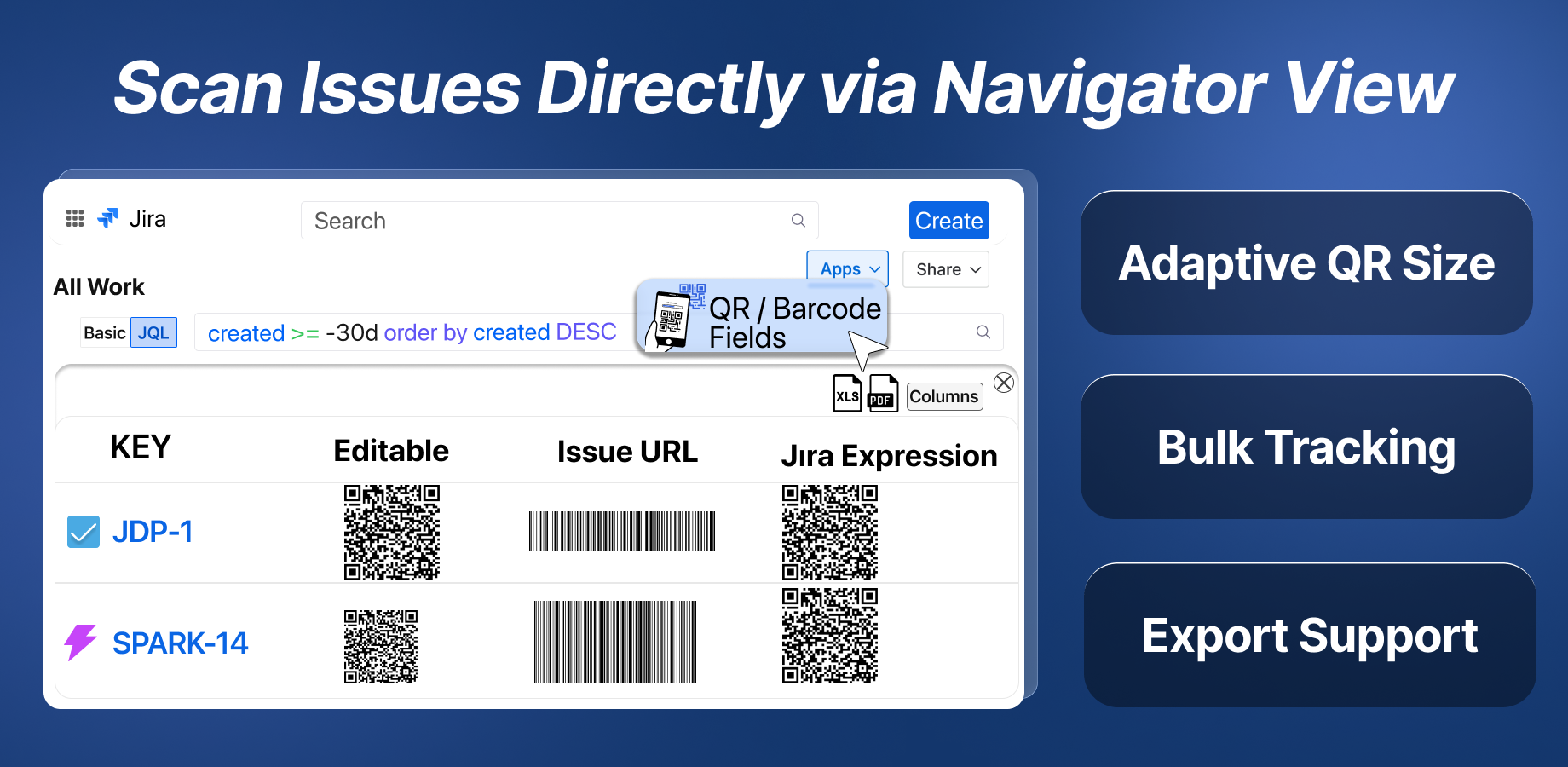 QR and barcode fields displayed as Navigator columns with export support.