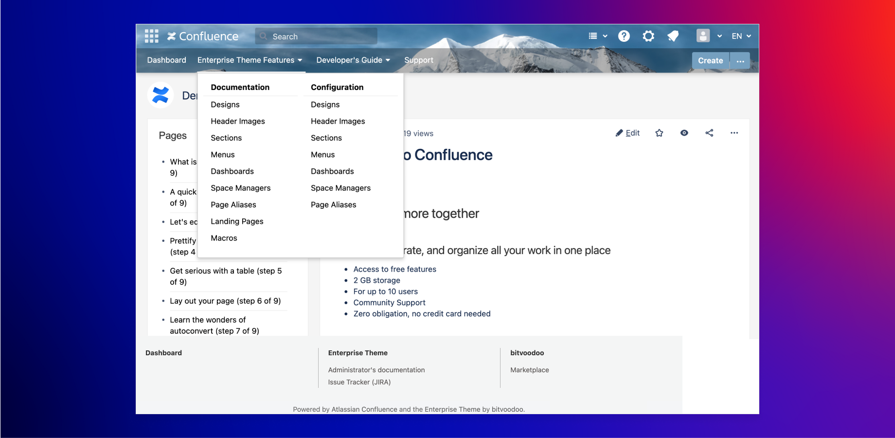 The Enterprise Theme lets you embed a menu easily into the header and the footer. It's even possible to have different menus for different spaces. The menus can be translated to match different user languages.