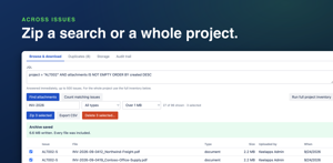 Zip a JQL result or a whole project, foldered by issue key. Filter by name, type and size, then export a CSV inventory.