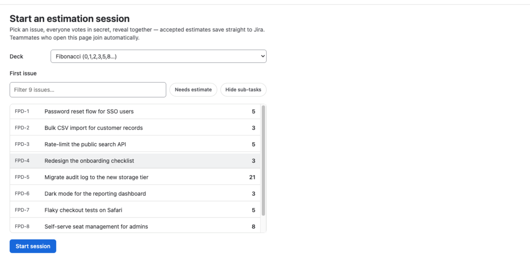 Starting a session: search the backlog and filter to what still needs an estimate before the meeting begins.