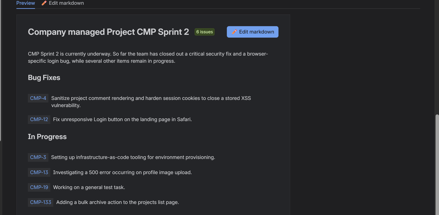 A generated sprint report with grouped sections and clickable issue-key chips