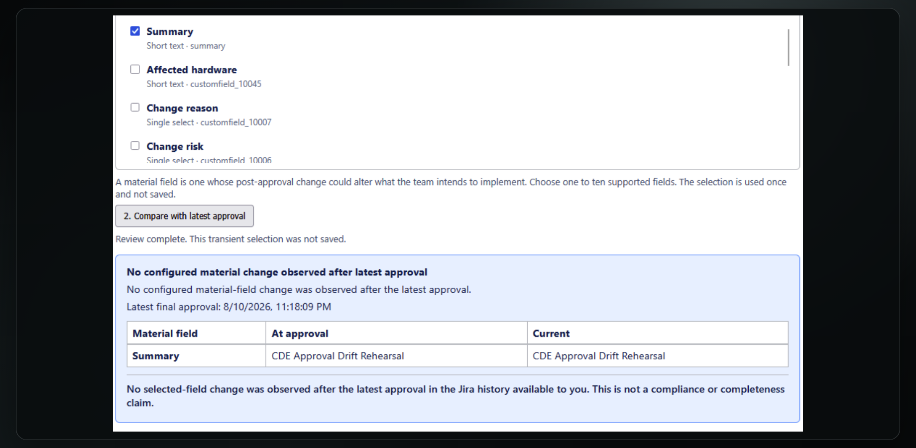 Compare the approved Summary with its current value directly on the Jira request.