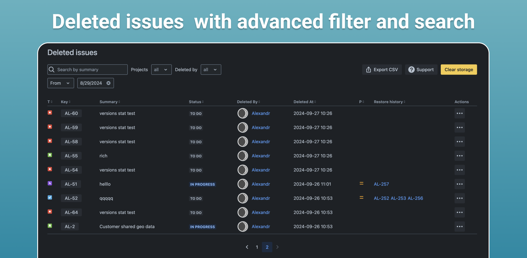 Explore deleted issues using an advanced filter