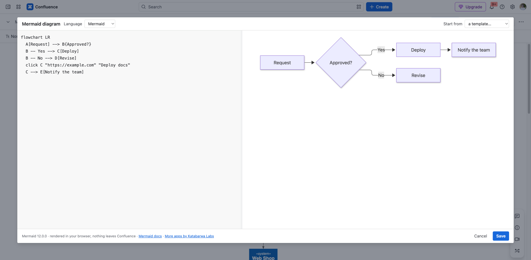 The editor: source on the left, live SVG preview on the right, language switch and templates in the header.