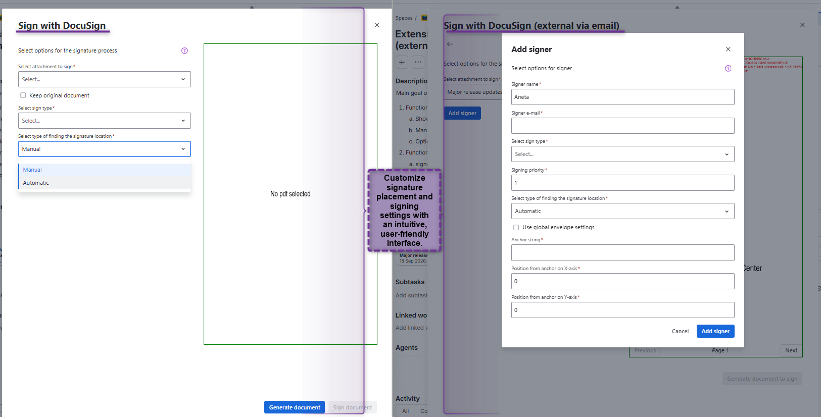 Configure signature placement, signer details, and workflow preferences for both internal and external signing processes.