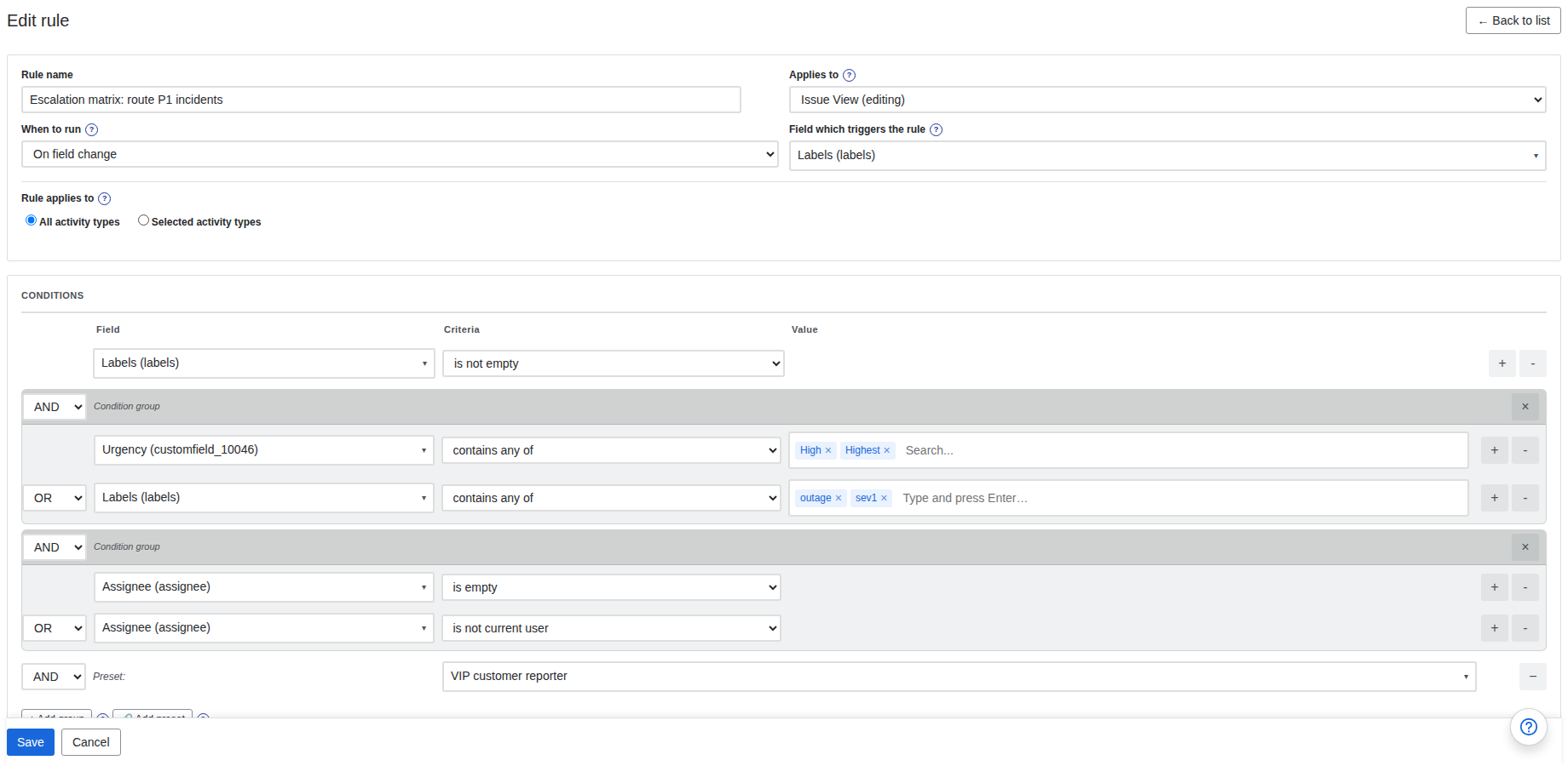 This rule only fires for unassigned P1 incidents raised by VIP customers: two condition groups joined with AND/OR, plus the reusable "VIP customer reporter" preset.