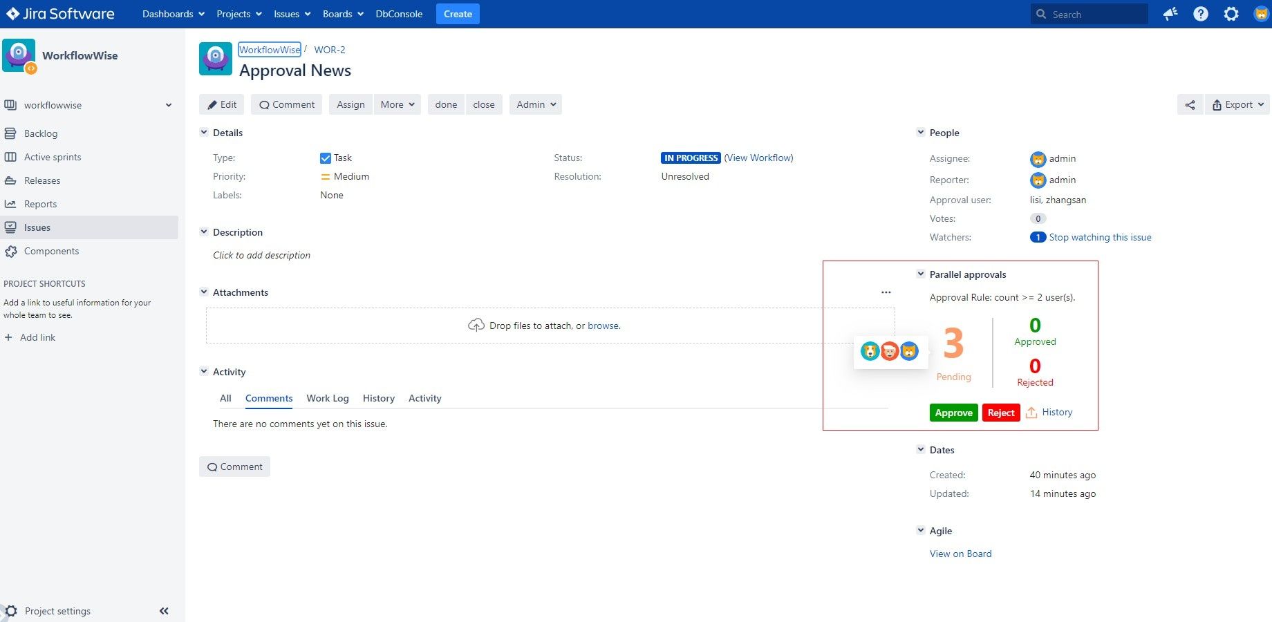 You can view the total counts and user information of pending approvals, approvals and rejections, the approval rule on the given status as well as the approval history on the panel.