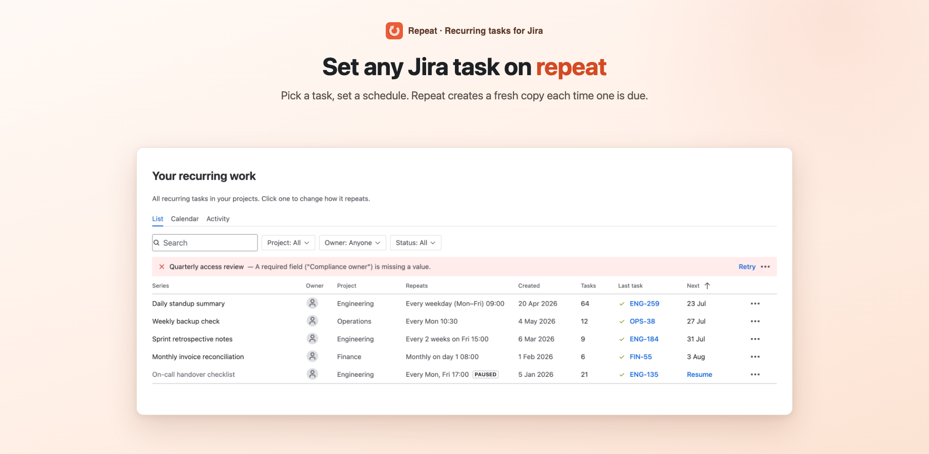The Your recurring work page: five series across three projects, one paused, one waiting for a fix.