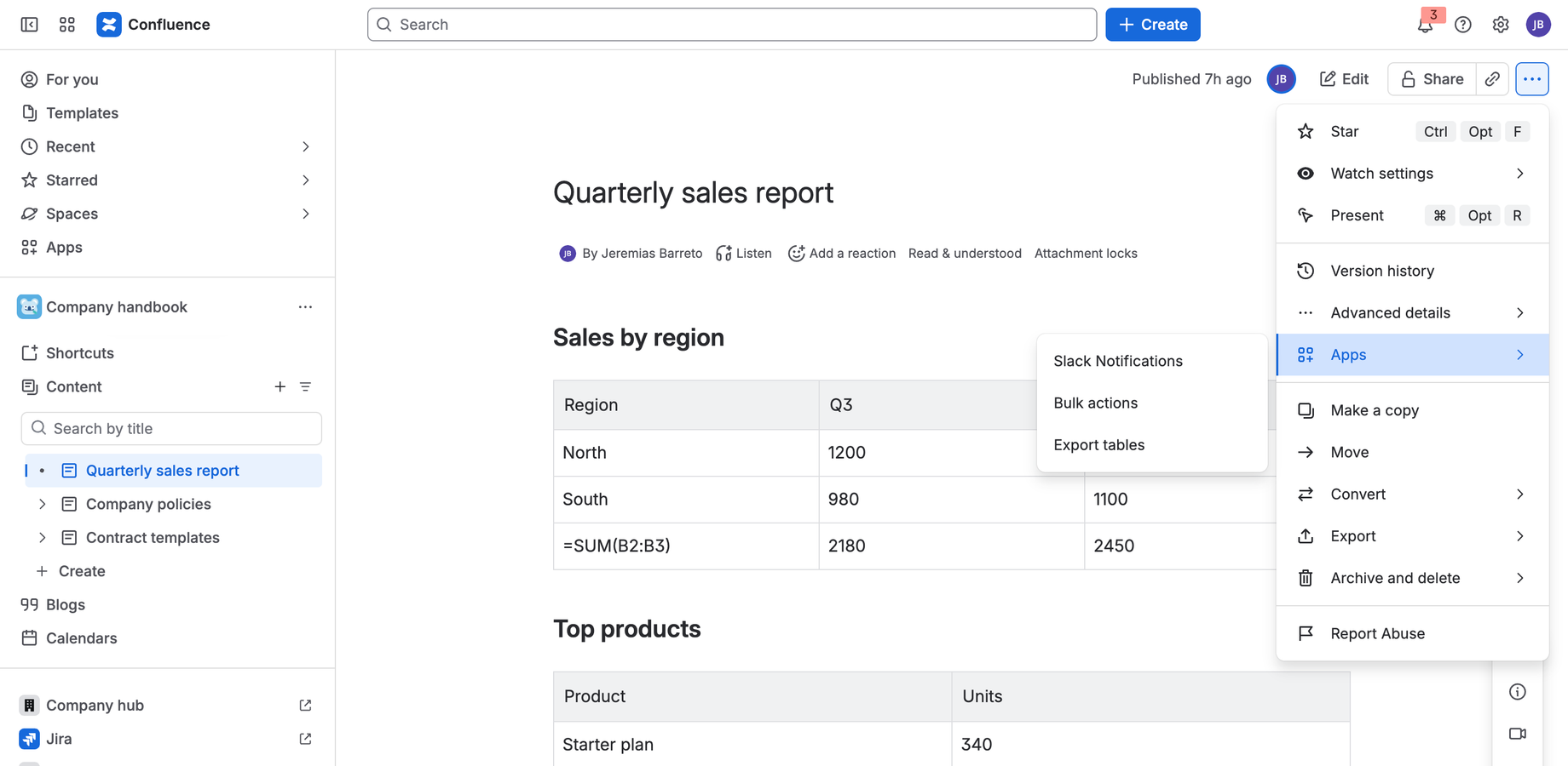 Open Export tables from the page menu (••• › Apps) on any page or blog post.