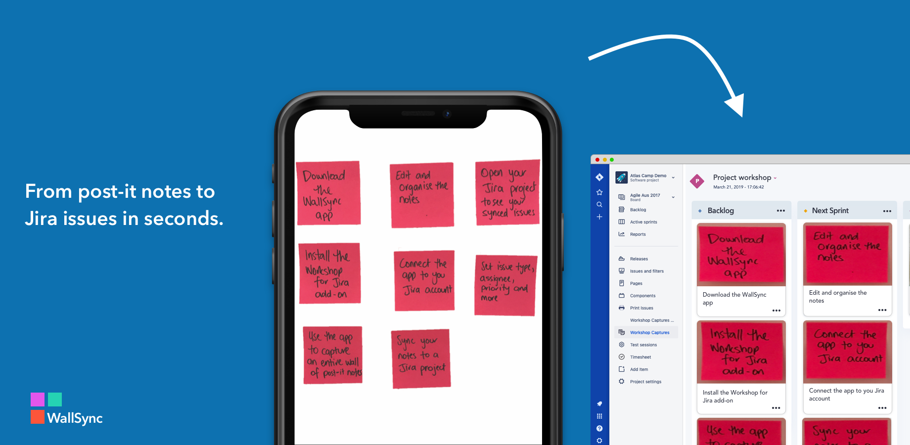 Capture your workshop using WallSync's Workshop Capture mobile app. Turn physical post-it notes into Jira issues in seconds.