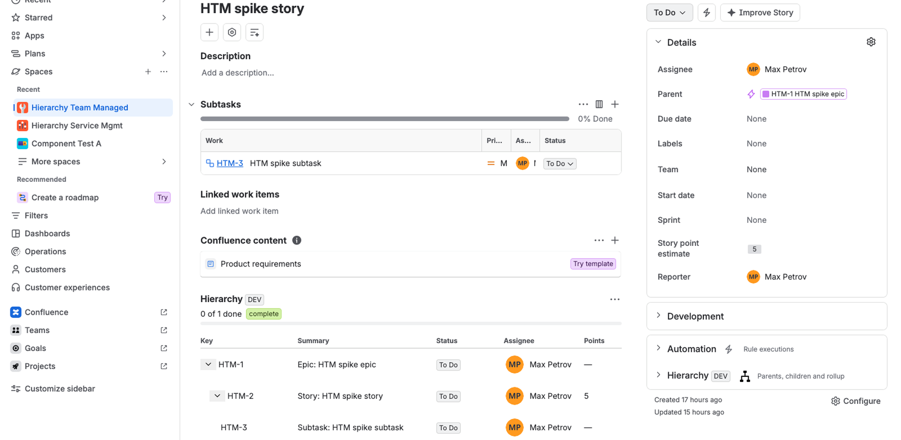 The panel on a story: the epic above it, its subtask below, with status, assignee and story points.