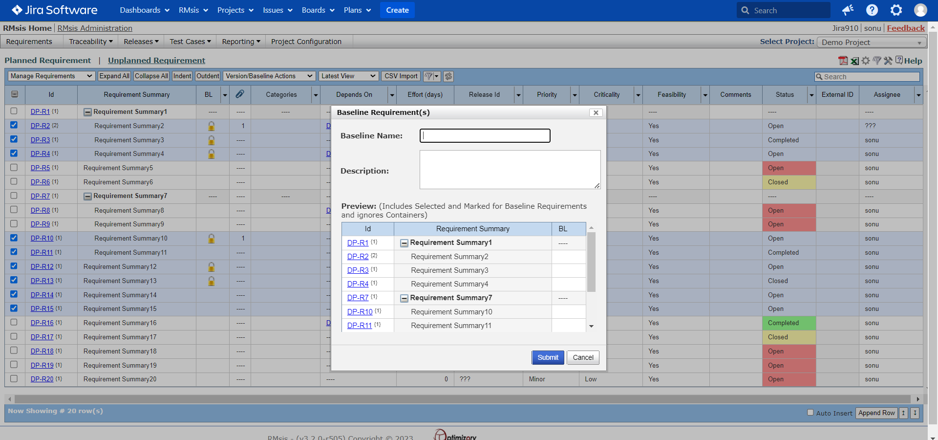 This screenshot shows a set of requirements being baselined.