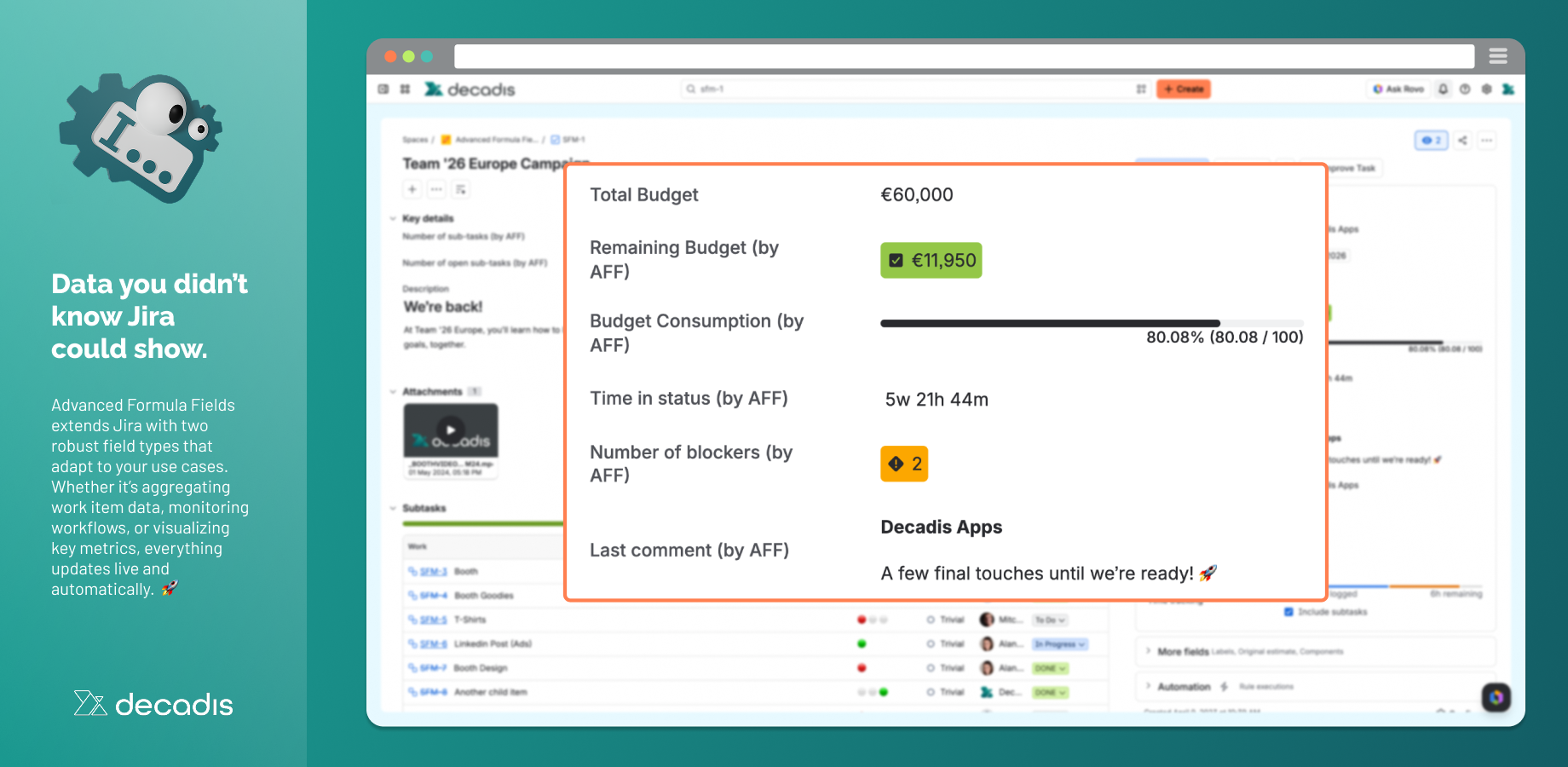Custom text and number fields bring Jira data to life. Capture hidden details, track issues, and see your data in meaningful ways.