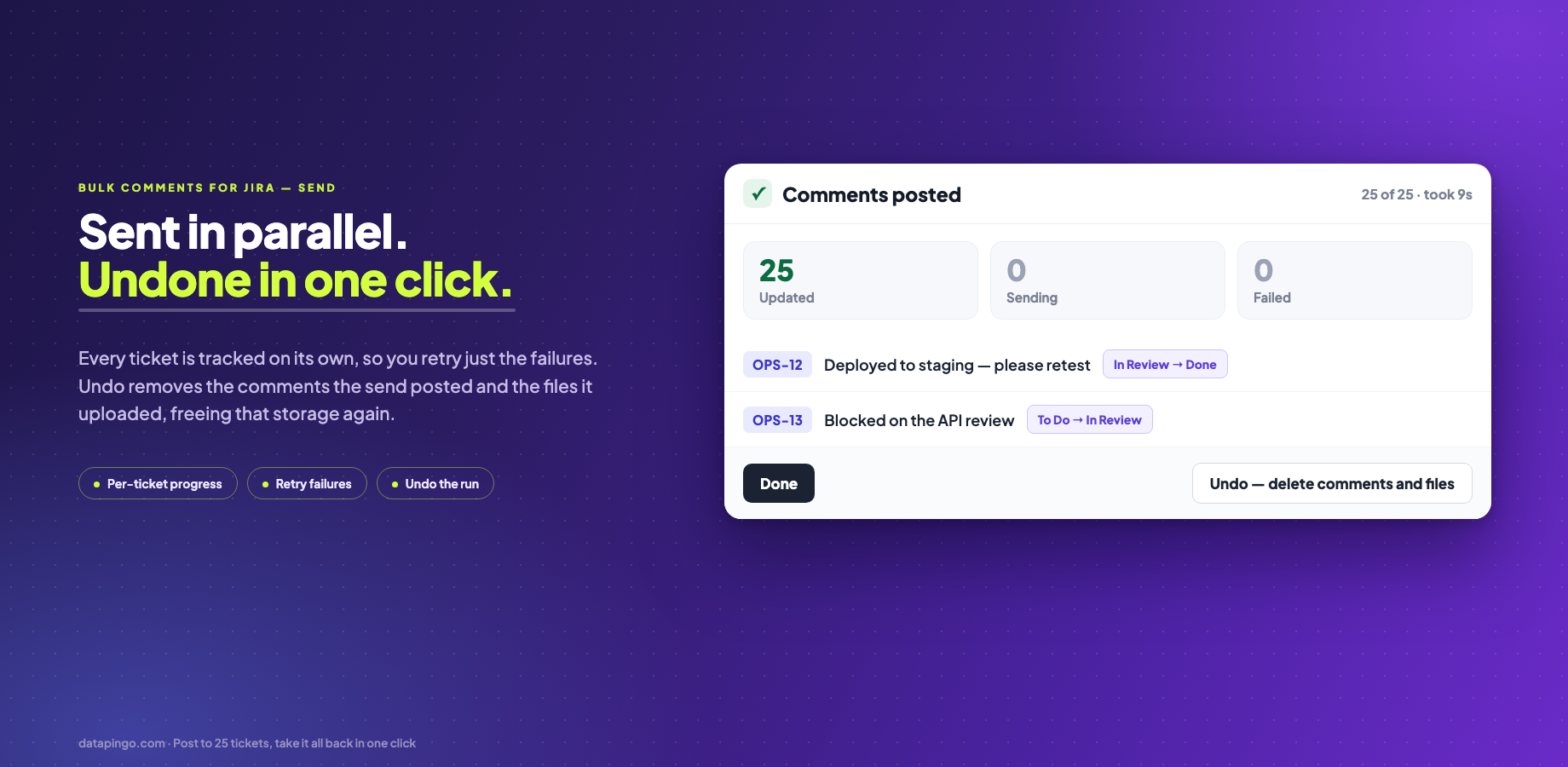 25 Jira issues updated in one send: live Updated, Sending and Failed counters, the status change each ticket made, and one Undo that deletes every comment and file the run posted.