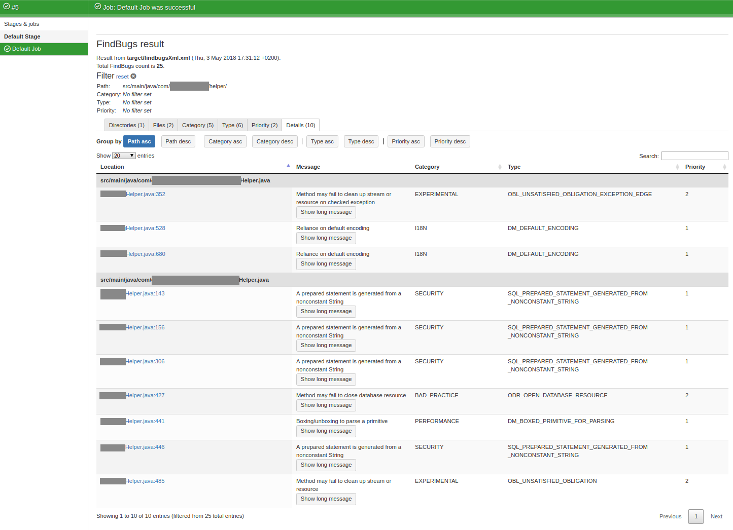 View SpotBugs result for job