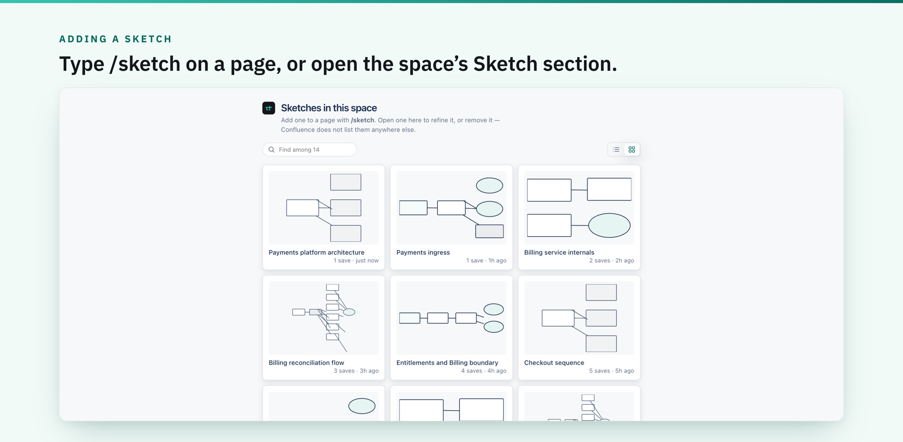 The space's Sketch section, with the /sketch hint in its header — every diagram drawn as a tile from its own geometry, plus a filter once the list grows.