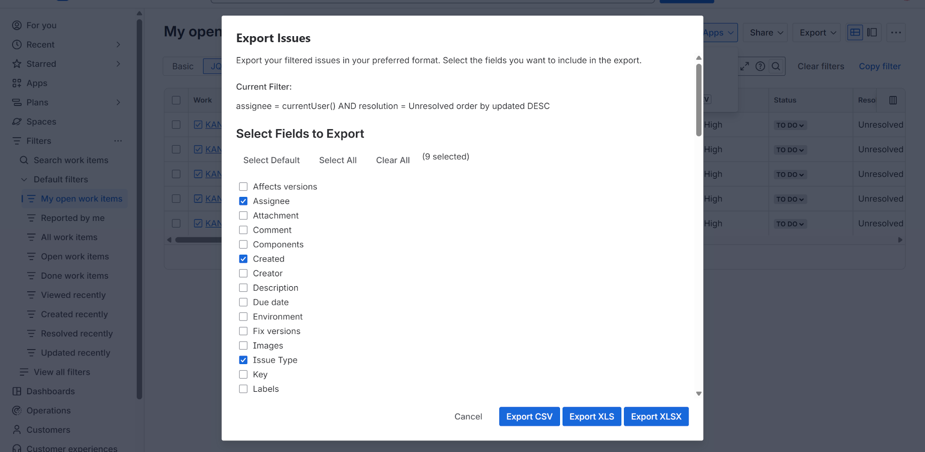 Common used fields default selected, you can select what you need to export