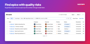 Find epics with quality risks. BugsInEpicCount > 3 lists every epic holding more than three bugs, sorted by priority. Save it as a Jira filter and review it before each release.