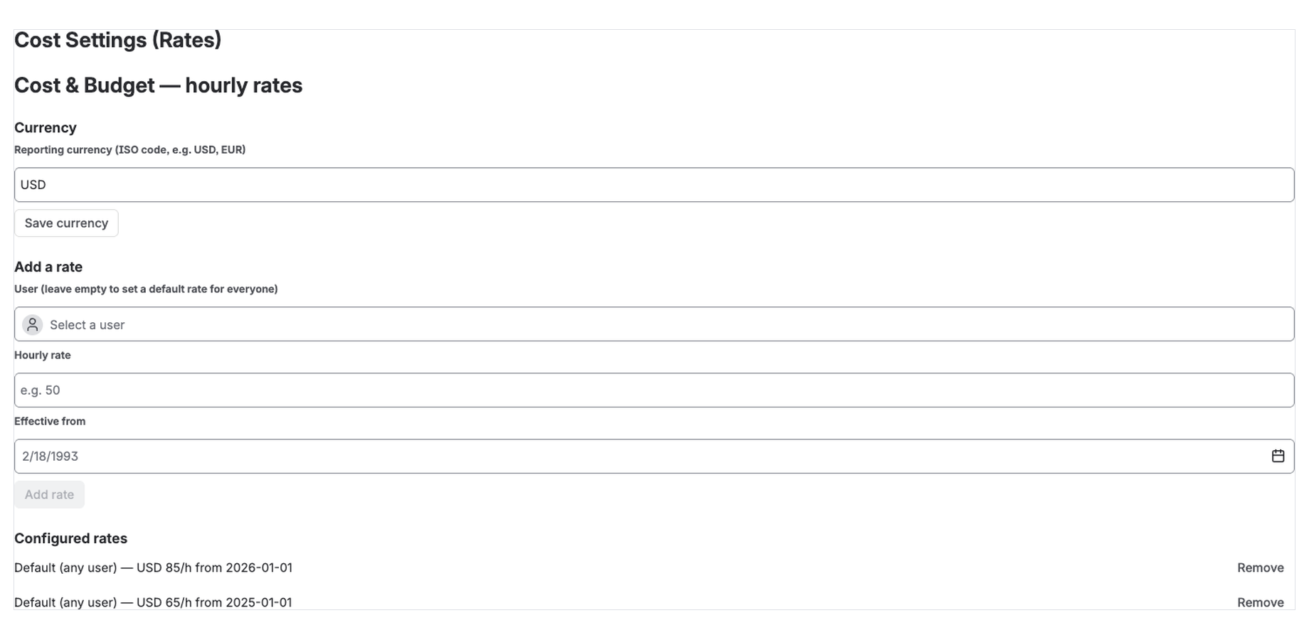 Cost settings showing hourly rates per person plus a default rate, each with an effective-from date, so historical work is costed at the rate that applied at the time.