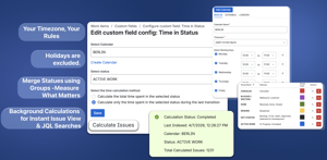 Define business calendars with custom working days, hours, timezone, and holidays; all time calculations follow them. Group related statuses like ‘Working’ or ‘Resolution’ for single-column reports and charts.