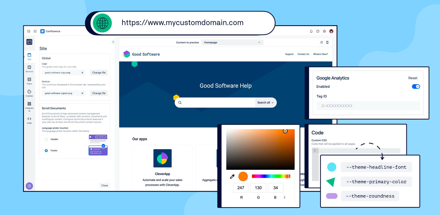 Your Confluence content is displayed online as a help site - no web server needed. Make the help center part of your unique online presence using custom URLs.