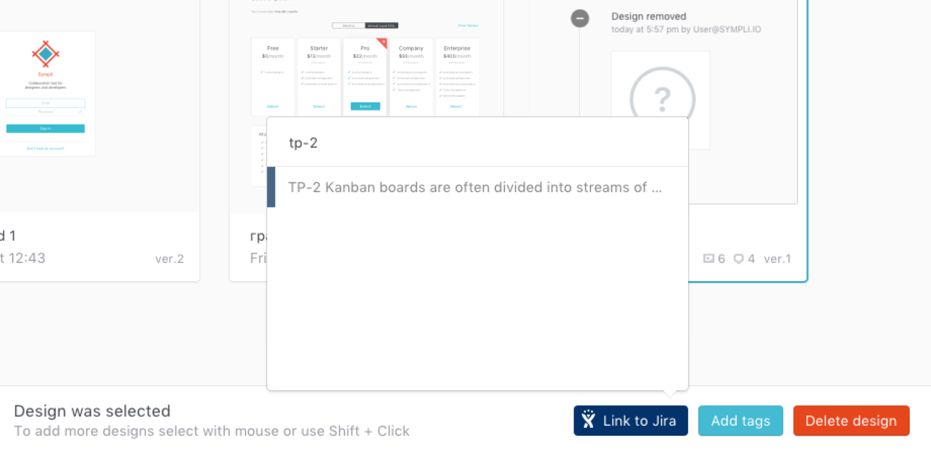 Link selected Sympli designs to Jira issue