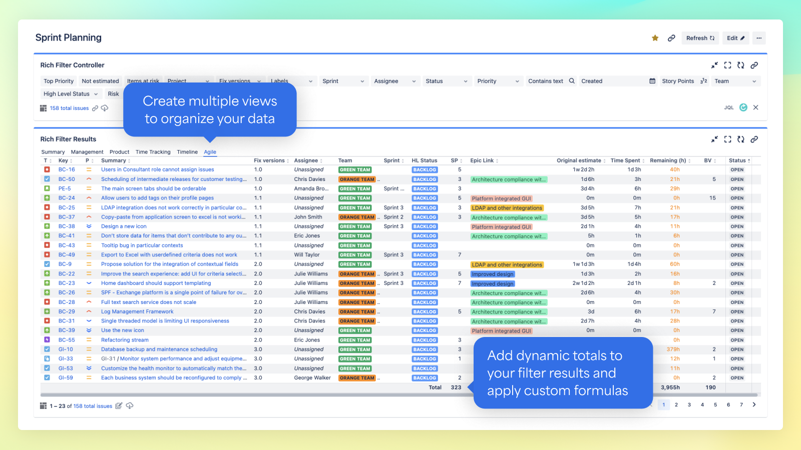 Multiple views organize your data in a logical and compact way. Add total rows to your views to sum your columns. Colors and tags highlight and classify your issues.