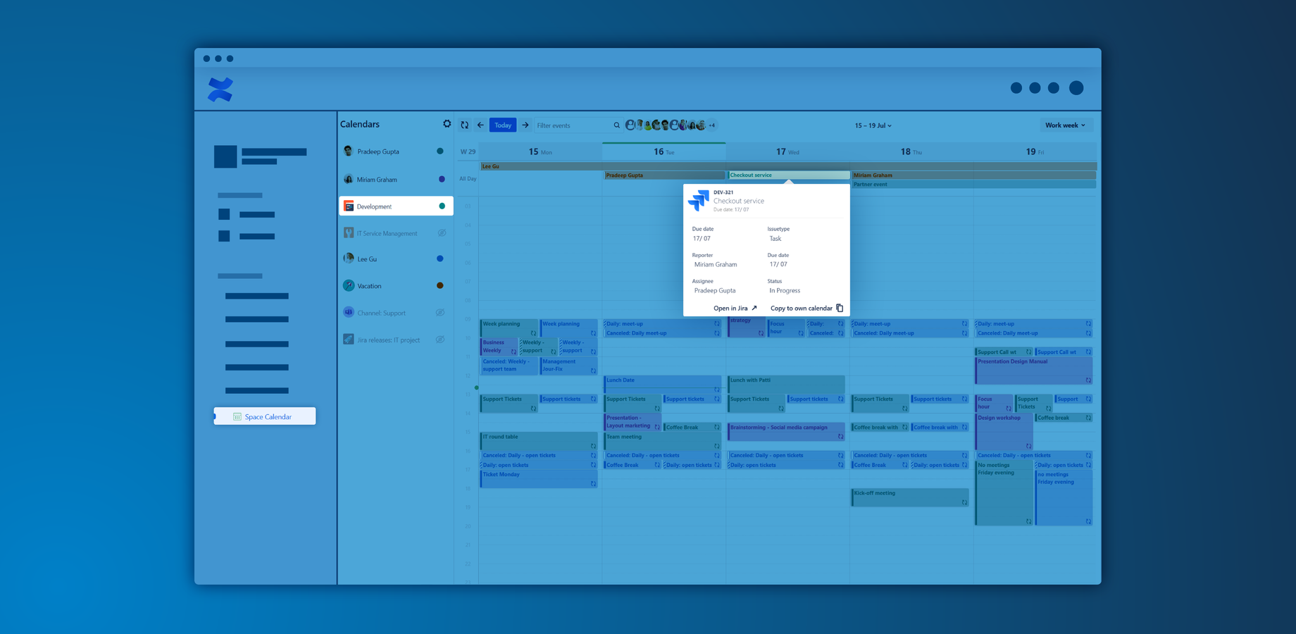 Connect your Outlook Calendars in Confluence with Jira for insights into project progress. View all your releases at once, or any single custom date field. View detailed information with a click.