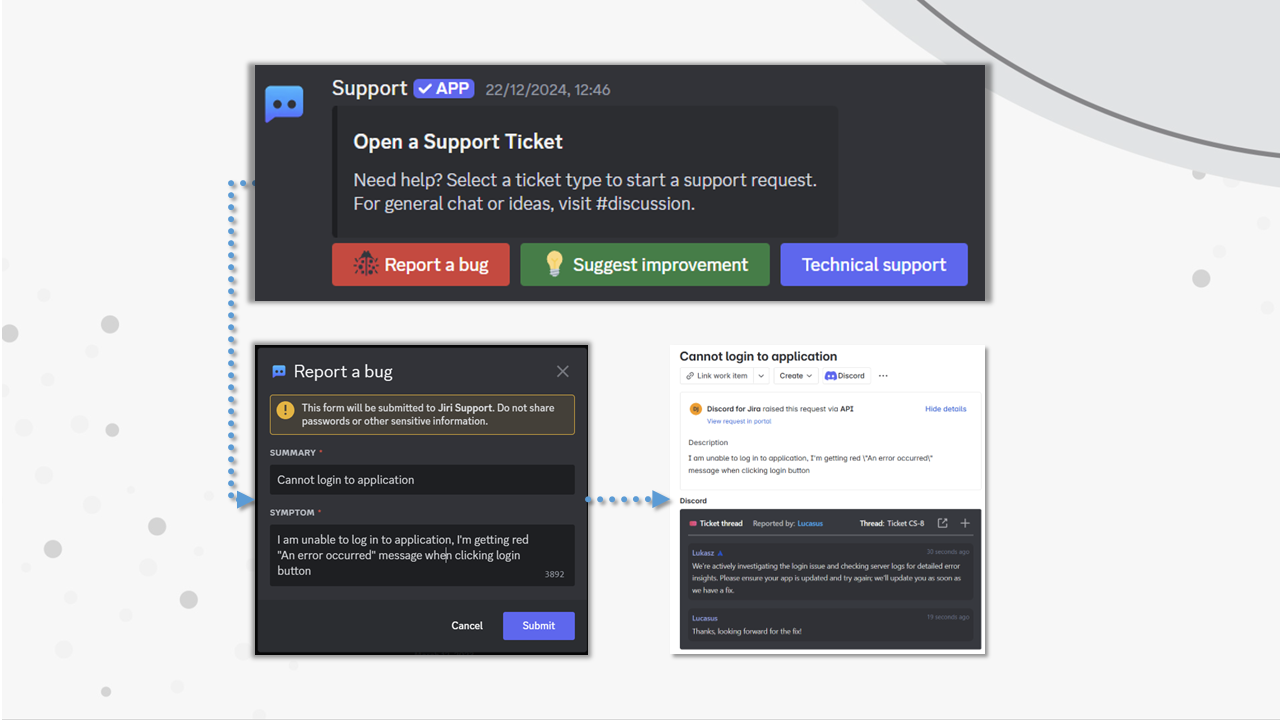 Tired of Discord channels overflowing with requests? Allow your team and customers to submit tickets directly from Discord to your Jira Service project instead.