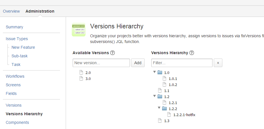 Create and modify project versions hierarchy by drag & drop versions