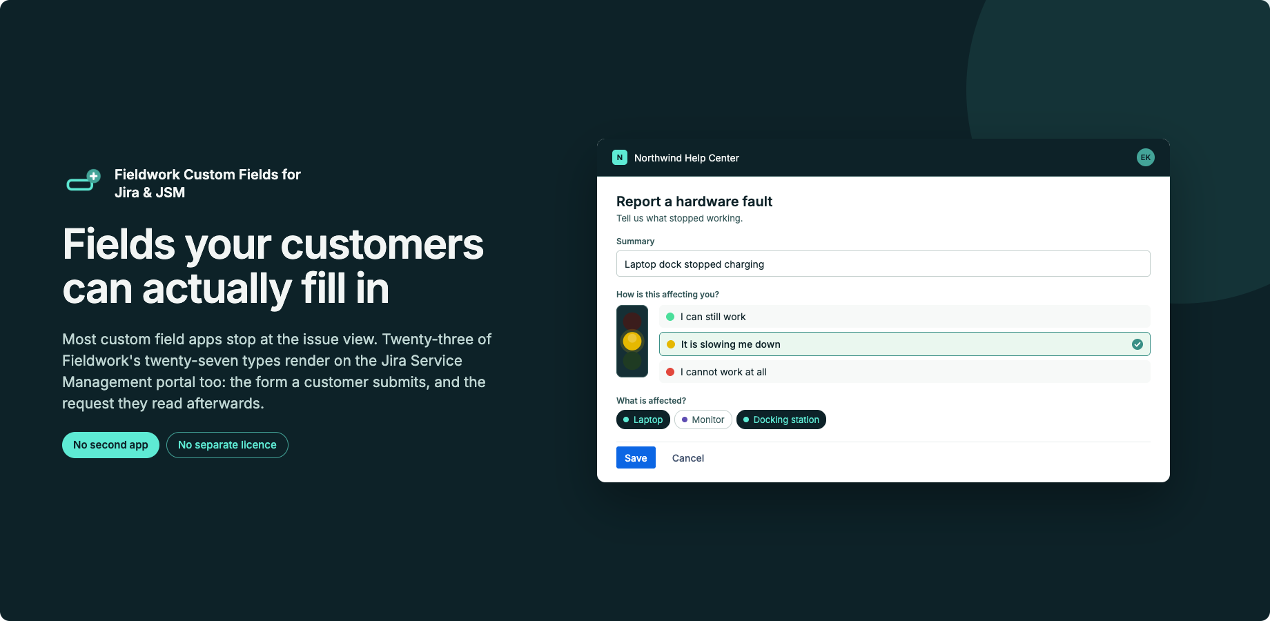 A JSM portal request form: Traffic Lights asking the customer how the fault affects them, and Coloured Labels for the affected hardware. The customer's own form, not an agent-only screen.