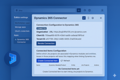 Configure and manage the secure connection between Jira and Microsoft Dynamics 365 using Azure AD credentials. View connection status, organization URL, and revoke access at any time.