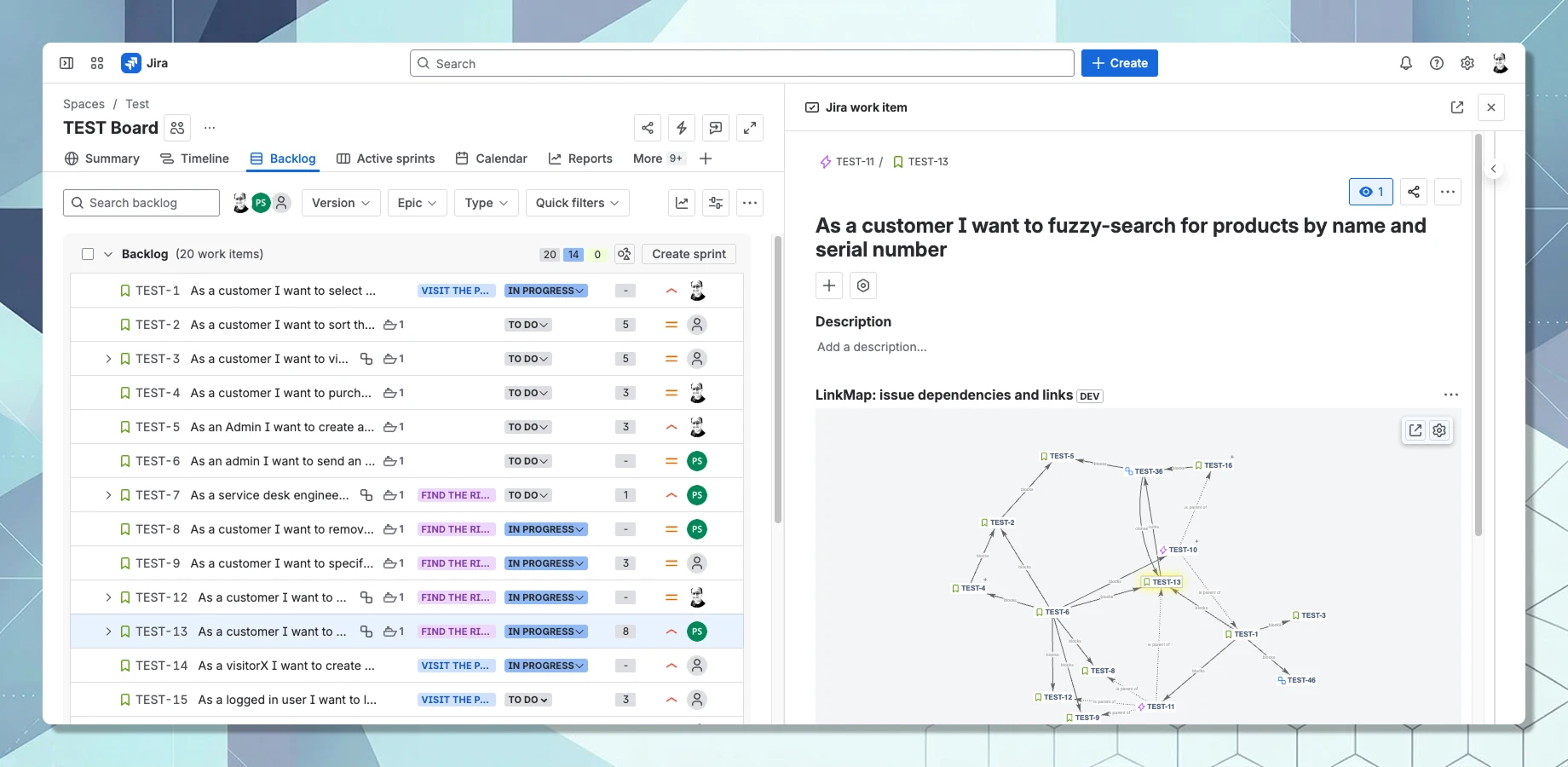 Activate LinkMap to see a work item's links up to 10 levels deep in the issue view. Show all or selected link types, or a full dependency path. Enlarge in a new tab.