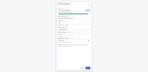 Guided record editor: each field shows its business name and EBA column code. The GLEIF button checks the LEI against the public register in seconds; drafts may be saved incomplete.